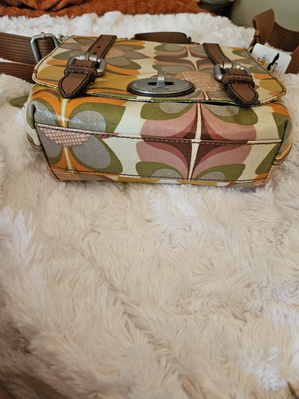 Fossil☆Key-Per☆Retro Floral Canvas Crossbody Bag in Brown and Mustard - Picture 10 of 13